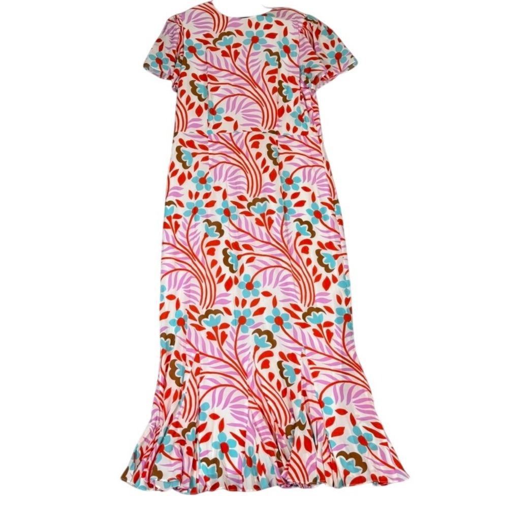 Rhode Floral Short Sleeve Godet Hem Mermaid Maxi Dress Red Turquoise Pink Sz 12